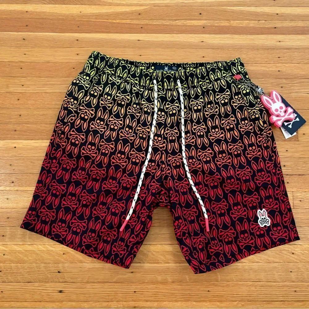 Psycho Bunny OBEC Print black/red/orange/yellow swim trunks size XXS NWT